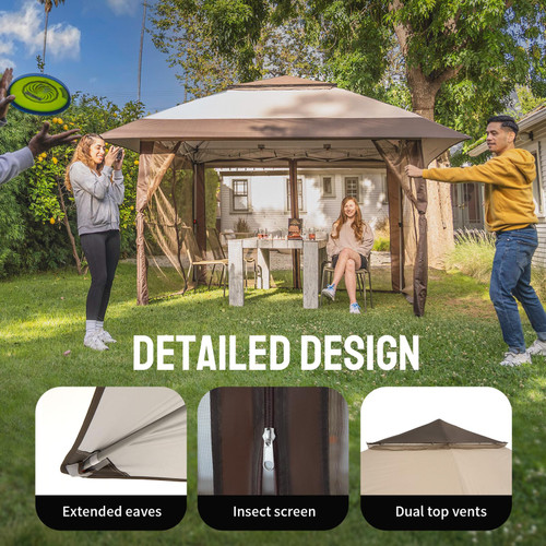 11x11 Pop Up Gazebo, Patented One Push Outoor Canopy Tent with Wheeled STO-N-Go Cover Bag, Pop Up Canopy with Netting for Patio, Backyard (11x11, Beige & Coffee)