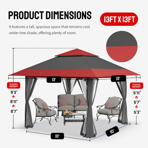 13x13 Pop Up Gazebo, Canopy Tent, Gazebos on Clearance - Outdoor Gazebo for Backyard & Patio Furniture - Carpa Pop Up Tent with Wheeled STO-N-Go Cover Bag (Red & Grey)