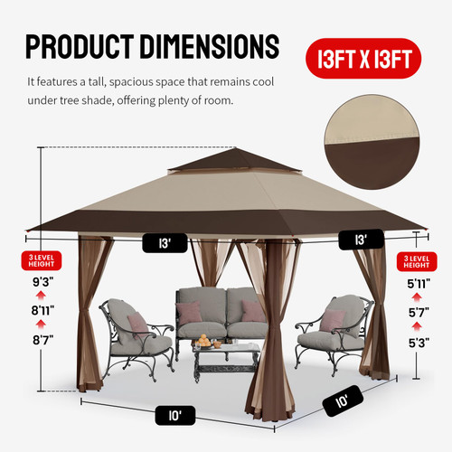13x13 Pop Up Gazebo, Canopy Tent, Gazebos on Clearance - Outdoor Gazebo for Backyard & Patio Furniture - Carpa Pop Up Tent with Wheeled STO-N-Go Cover Bag (Beige & Coffee)