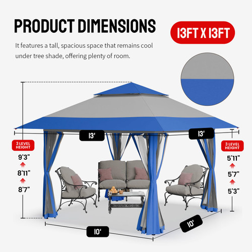 13x13 Pop Up Gazebo, Canopy Tent, Gazebos on Clearance - Outdoor Gazebo for Backyard & Patio Furniture - Carpa Pop Up Tent with Wheeled STO-N-Go Cover Bag (Blue & Grey)