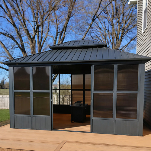 10' X 13' Outdoor Sunroom Solarium Permanent Hardtop Screened Gazebo Galvanized Steel Double Roof Aluminum Patio Enclosed Gazebo for Lawn Deck Backyard Grey