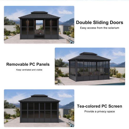 10' X 13' Outdoor Sunroom Solarium Permanent Hardtop Screened Gazebo Galvanized Steel Double Roof Aluminum Patio Enclosed Gazebo for Lawn Deck Backyard Grey