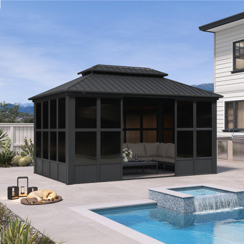 10' X 15' Enclosed Gazebo Outdoor Sunroom Solarium Permanent Hardtop Screened Gazebo Galvanized Steel Double Roof Aluminum Patio Enclosure for Lawn Deck Backyard Grey