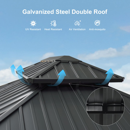 12' X 14' Solarium Sunroom Permanent Hardtop Gazebo Galvanized Steel Double Roof Aluminum Outdoor Screen House for Lawn Deck Backyard Grey