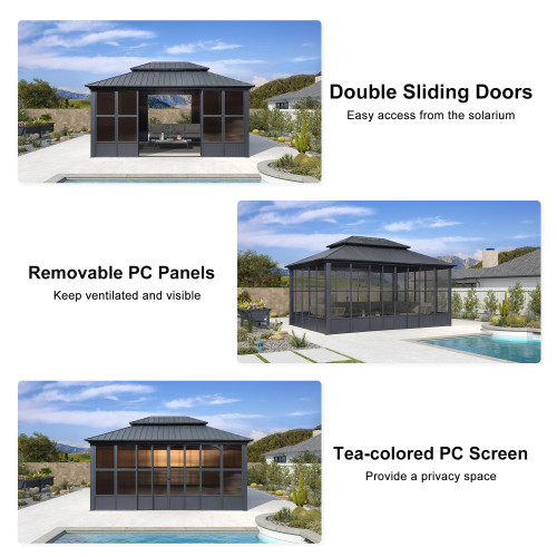 12' X 16' Solarium Sunroom Permanent Hardtop Gazebo Galvanized Steel Double Roof Aluminum Outdoor Screen House for Lawn Deck Backyard Grey