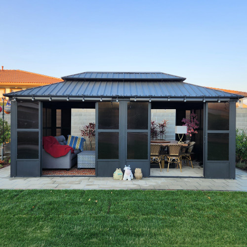 12' X 20' Solarium Sunroom Permanent Hardtop Gazebo Galvanized Steel Double Roof Aluminum Outdoor Enclosed Gazebo for Lawn Deck Backyard Grey