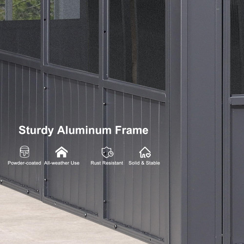 12' X 20' Solarium Sunroom Permanent Hardtop Gazebo Galvanized Steel Double Roof Aluminum Outdoor Enclosed Gazebo for Lawn Deck Backyard Grey