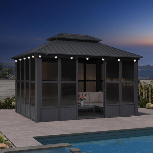 10' X 13' Outdoor Sunroom Solarium with Light Permanent Hardtop Screened Gazebo Galvanized Steel Double Roof Aluminum Patio Enclosed Gazebo for Lawn Deck Backyard Grey