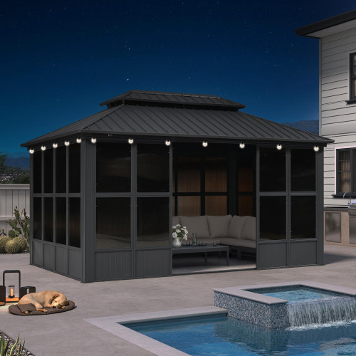 10' X 15' Enclosed Gazebo Outdoor Sunroom Solarium with Light Permanent Hardtop Galvanized Steel Double Roof Aluminum Screened Gazebo for Lawn Deck Backyard Grey