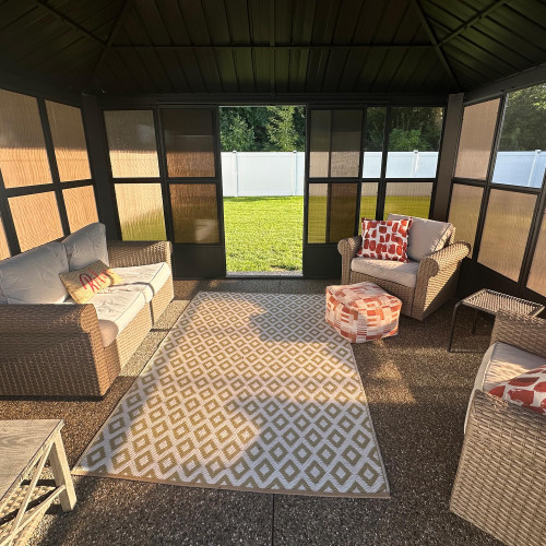 10' X 15' Enclosed Gazebo Outdoor Sunroom Solarium with Light Permanent Hardtop Galvanized Steel Double Roof Aluminum Screened Gazebo for Lawn Deck Backyard Grey