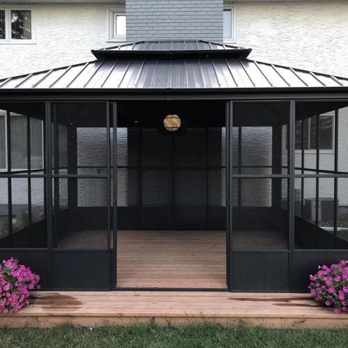 12' X 16' Solarium Sunroom with Light Permanent Hardtop Gazebo Galvanized Steel Double Roof Aluminum Outdoor Screen House for Lawn Deck Backyard Grey