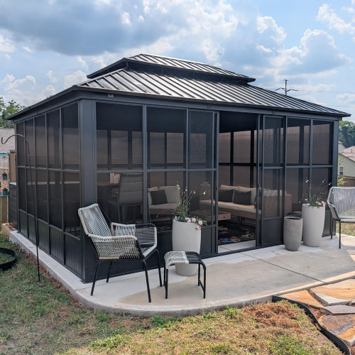 12' X 16' Solarium Sunroom with Light Permanent Hardtop Gazebo Galvanized Steel Double Roof Aluminum Outdoor Screen House for Lawn Deck Backyard Grey