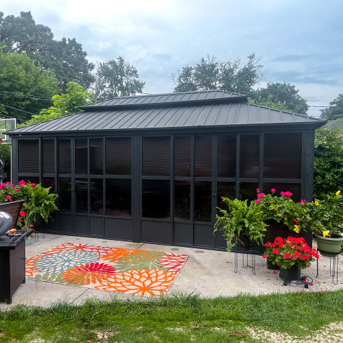 12' X 20' Sunroom with Light Permanent Hardtop Gazebo Solarium Galvanized Steel Double Roof Aluminum Outdoor Screen House for Patio Deck Backyard Grey