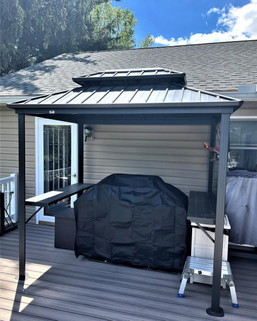 6' X 8' Hardtop Grill Gazebo for Patio Permanent Aluminum Barbeque Shelter Canopy with Ceiling Hook and Shelves Double Tiered Grey Outdoor BBQ Gazebo