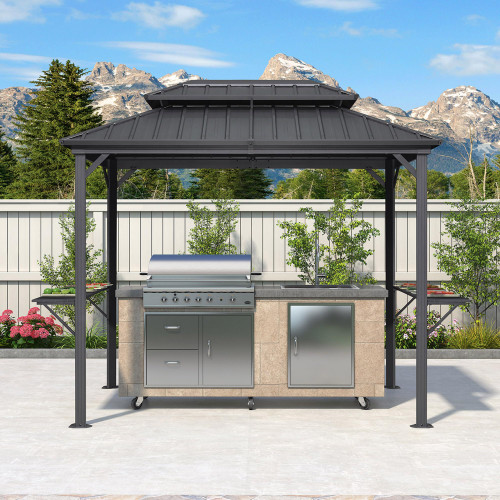 6' X 9' Hardtop Grill Gazebo for Barbecue Patio Permanent Metal Double Roof with Ceiling Hook and Shelves Outdoor Aluminum Sun Shade BBQ Gazebo