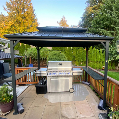 6' X 9' Hardtop Grill Gazebo for Barbecue Patio Permanent Metal Double Roof with Ceiling Hook and Shelves Outdoor Aluminum Sun Shade BBQ Gazebo