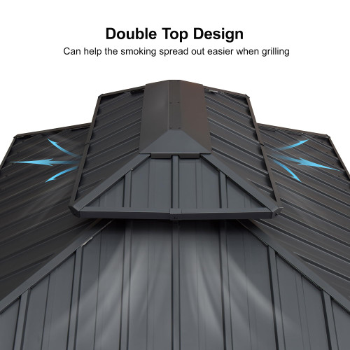 6.5' X 10' Hardtop Grill Gazebo for Patio Permanent Aluminum Barbeque Shelter Gazebo Canopy with Ceiling Hook and Shelves Double Tiered Grey Outdoor BBQ