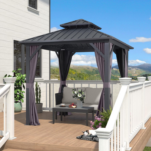 8' X 8' Outdoor Gazebo Aluminum Permanent Hardtop Gazebo with Galvanized Steel Double Roof for Patio Backyard Deck with Netting and Curtains Grey