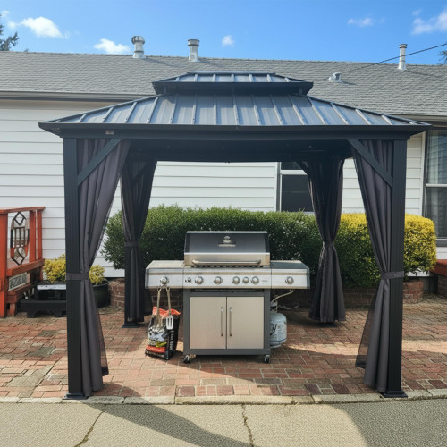 8' X 10' Permanent Hardtop Gazebo with Galvanized Steel Double Roof for Patio Lawn Garden Aluminum Gazebo with Netting and Curtains Grey