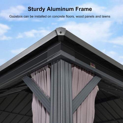 8' X 10' Permanent Hardtop Gazebo with Galvanized Steel Double Roof for Patio Lawn Garden Aluminum Gazebo with Netting and Curtains Grey