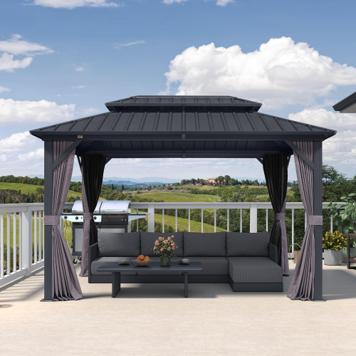 8' X 12' Permanent Hardtop Aluminum Gazebo with Double Galvanized Steel Roof Removable Netting Curtains and Ceiling Hooks for Patio Lawn Backyard Deck Garden Grey