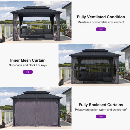8' X 12' Permanent Hardtop Aluminum Gazebo with Double Galvanized Steel Roof Removable Netting Curtains and Ceiling Hooks for Patio Lawn Backyard Deck Garden Grey