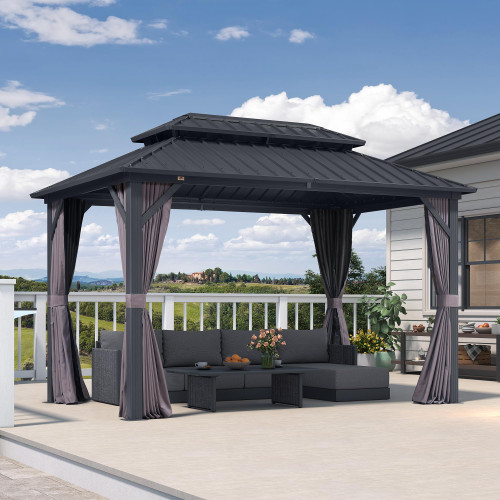 8' X 12' Permanent Hardtop Aluminum Gazebo with Double Galvanized Steel Roof Removable Netting Curtains and Ceiling Hooks for Patio Lawn Backyard Deck Garden Grey