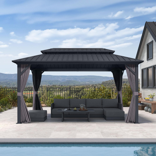 8' X 14' Permanent Hardtop Aluminum Gazebo with Double Galvanized Steel Roof Removable Netting Curtains and Ceiling Hooks for Patio Lawn Backyard Deck Garden Grey