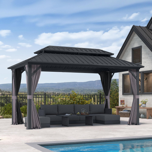 8' X 14' Permanent Hardtop Aluminum Gazebo with Double Galvanized Steel Roof Removable Netting Curtains and Ceiling Hooks for Patio Lawn Backyard Deck Garden Grey