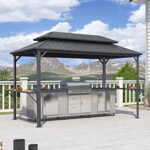 6.5' X 12' Hardtop Grill Gazebo for Patio Permanent Aluminum Barbeque Shelter with Ceiling Hook and Shelves Double Tiered Grey Outdoor BBQ Gazebo