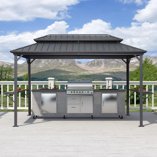 6.5' X 12' Hardtop Grill Gazebo for Patio Permanent Aluminum Barbeque Shelter with Ceiling Hook and Shelves Double Tiered Grey Outdoor BBQ Gazebo