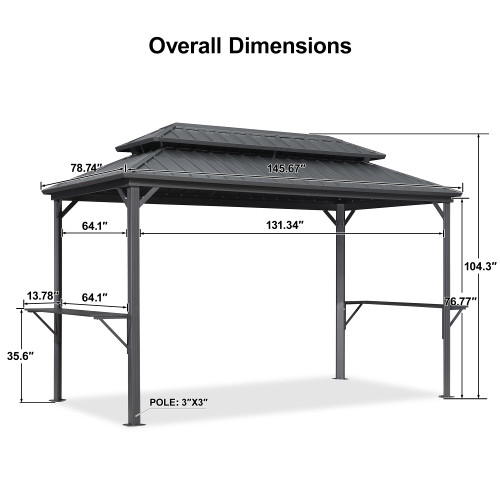 6.5' X 12' Hardtop Grill Gazebo for Patio Permanent Aluminum Barbeque Shelter with Ceiling Hook and Shelves Double Tiered Grey Outdoor BBQ Gazebo
