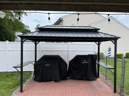 6.5' X 12' Hardtop Grill Gazebo for Patio Permanent Aluminum Barbeque Shelter with Ceiling Hook and Shelves Double Tiered Grey Outdoor BBQ Gazebo