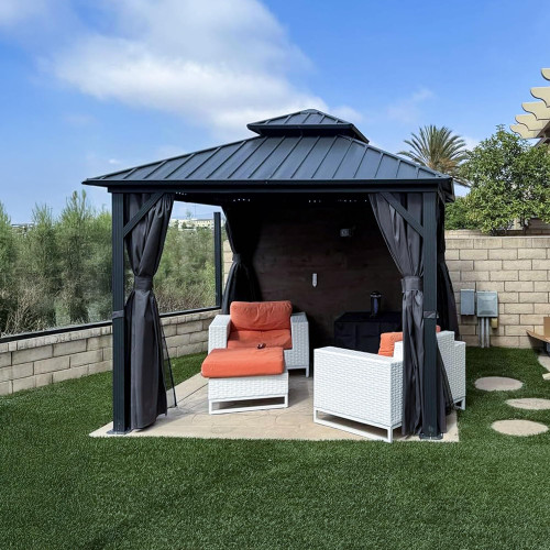 10' X 10' Hardtop Gazebo Permanent Gazebo with Galvanized Steel Double Roof for Patio Lawn Garden Aluminum with Netting and Curtains Grey