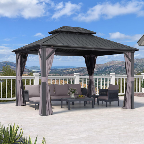 10' X 12' Gazebo Outdoor Aluminum Gazebo with Heavy Duty Galvanized Steel Double Roof for Patio Backyard Deck, Netting and Curtains Included, Grey