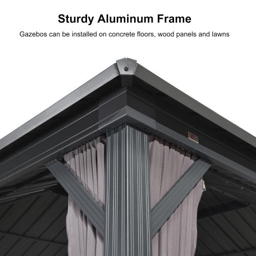 10' X 16' Permanent Hardtop Gazebo Aluminum Frame with Galvanized Steel Double Vented Roof Includes Removable Netting and Curtains with Hooks for Garden Patio Lawns Grey