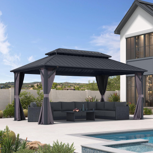 10' X 16' Permanent Hardtop Gazebo Aluminum Frame with Galvanized Steel Double Vented Roof Includes Removable Netting and Curtains with Hooks for Garden Patio Lawns Grey