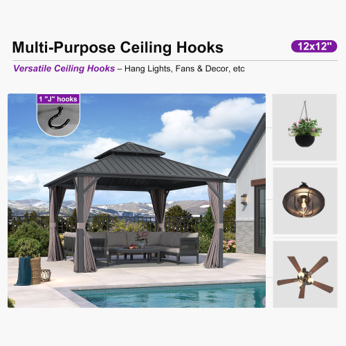 12' X 12' Permanent Hardtop Gazebo Outdoor Aluminum Gazebo with Galvanized Steel Double Roof for Patio Lawn Garden Aluminum with Netting and Curtains Grey