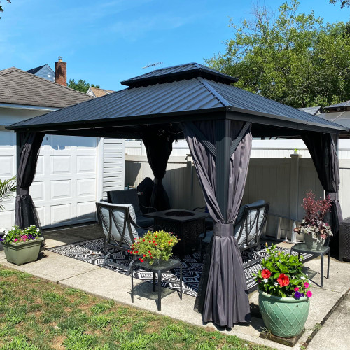 12' X 14' Hardtop Gazebo Patio Hardtop Gazebo with Heavy Duty Galvanized Steel Double Roof for Patio Lawn Garden, Netting and Curtains Included, Grey
