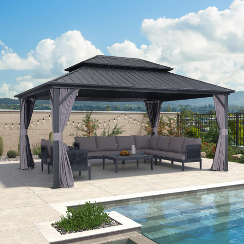 12' X 16' Permanent Hardtop Gazebo Outdoor Aluminum Gazebo with Heavy Duty Galvanized Steel Double Roof for Patio Lawn Garden Aluminum with Netting and Curtains Grey
