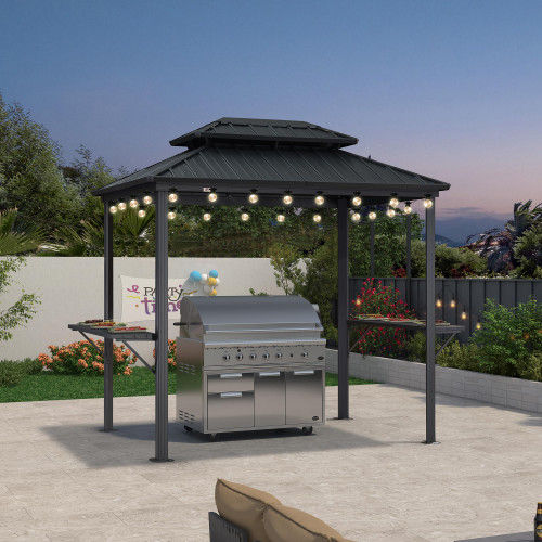 6' X 8' Hardtop Grill Gazebo for Patio Aluminum Barbeque Gazebo Canopy with 24 Clear Light Bulbs and Shelves Double Tiered Grey Outdoor BBQ