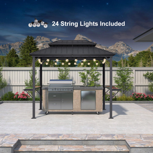 6' X 9' Hardtop Grill Gazebo for Patio Aluminum Barbeque Canopy with 24 Clear Light Bulbs and Shelves Double Tiered Grey Outdoor BBQ Gazebo