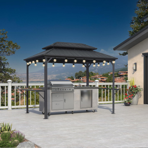6.5' X 10' Hardtop Grill Gazebo for Patio Aluminum Barbeque Canopy with 24 Clear Light Bulbs and Shelves Double Tiered Grey Outdoor BBQ Gazebo