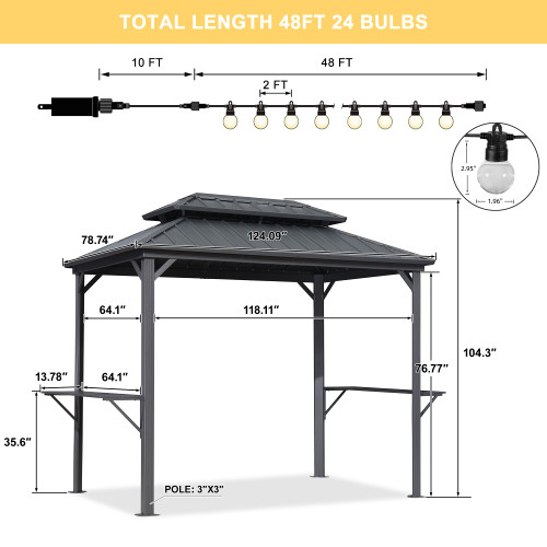 6.5' X 10' Hardtop Grill Gazebo for Patio Aluminum Barbeque Canopy with 24 Clear Light Bulbs and Shelves Double Tiered Grey Outdoor BBQ Gazebo