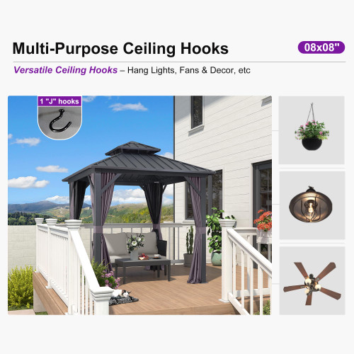 8'x8' Hardtop Gazebo with Lights All-Weather Galvanized Steel Double Roof Outdoor Patio Garden Gazebo Including Netting and Curtains Grey