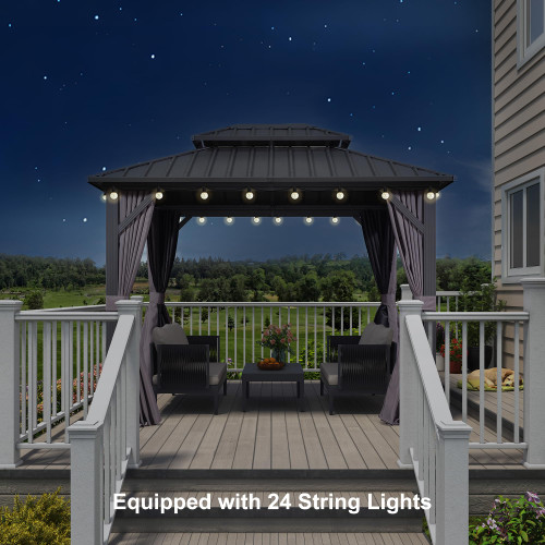 8'x10' Hardtop Gazebo with Lights Permanent Galvanized Steel Double Roof Outdoor Patio Pavilion Including Netting and Curtains for Garden Backyard Grey