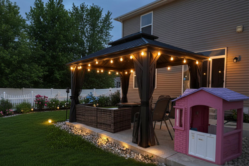 10'x12' Hardtop Gazebo with Lights UV-Protected Aluminum Double Roof Galvanized Steel Frame Outdoor Patio Gazebo Including Netting and Curtains for Deck Garden Backyard Grey