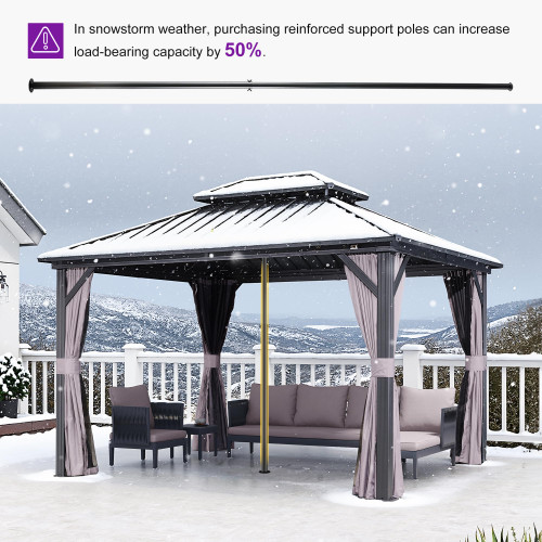10'x12' Hardtop Gazebo with Lights UV-Protected Aluminum Double Roof Galvanized Steel Frame Outdoor Patio Gazebo Including Netting and Curtains for Deck Garden Backyard Grey