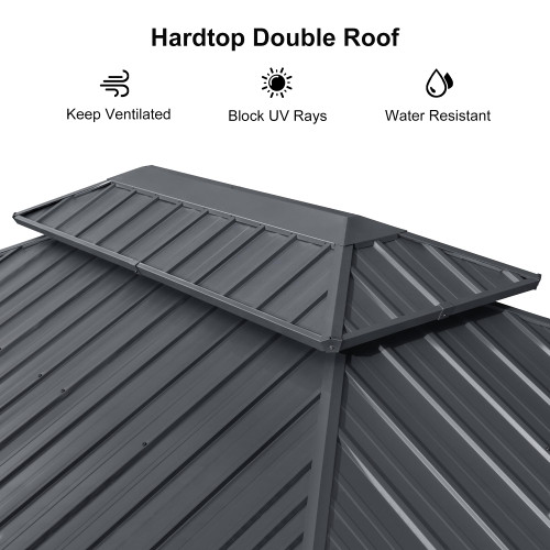 10'x14' Hardtop Gazebo with Lights Wind-Resistant Galvanized Steel Dual-Layer Double Roof Outdoor Patio Pavilion Including Netting and Privacy Curtains for Lawn Garden Backyard Grey