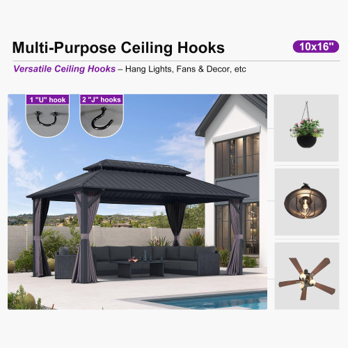 10'x16' Hardtop Gazebo with Lights Patio Outdoor Pavilion with Galvanized Steel Double Roof Includes Netting and Curtains for Garden Lawn Backyard Grey
